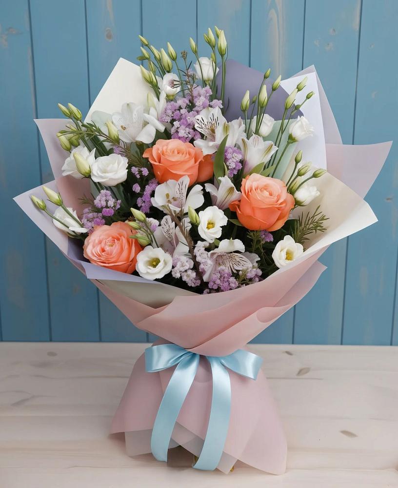 Букет цветов из: Лизиантусы, Розы, Альстромерии и Гипсофила в Удомле